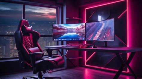 Premium AI Image | Interior of the RGB gaming room with modern desk gaming chair ultra wide ...