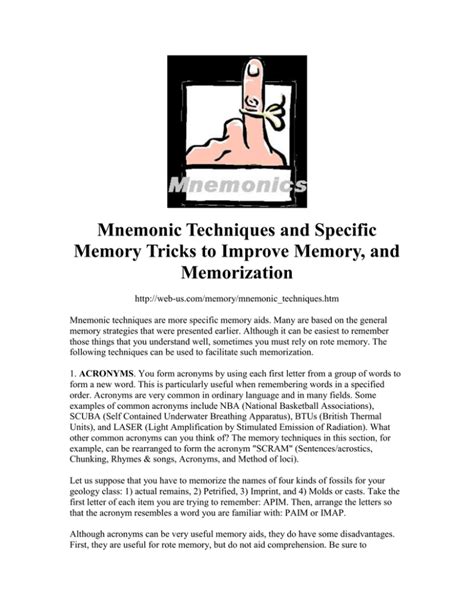 Mnemonic Techniques and Specific Memory Tricks to Improve Memory, and Memorization