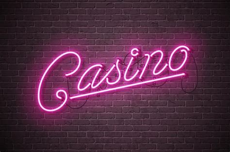 Casino neon sign illustration on brick wall background. Vector light banner or bright signboard ...