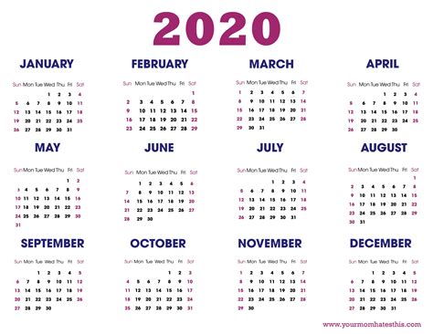 2020 Free Printable Calendar | PDF Download Templates