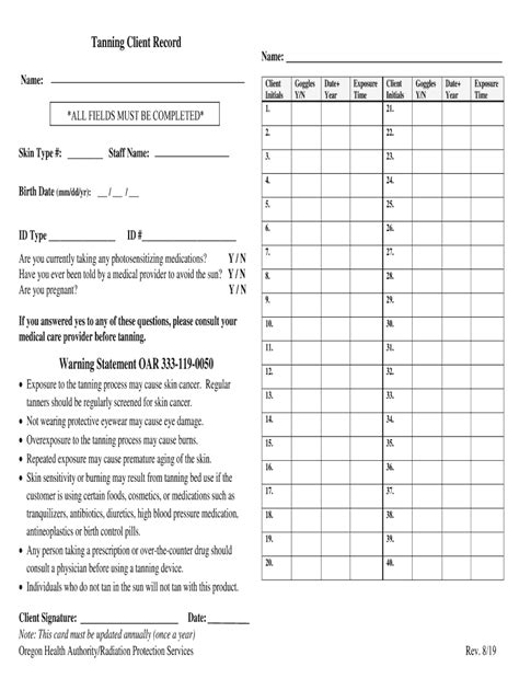 2019-2022 Form OR Tanning Client Record Fill Online, Printable, Fillable, Blank - pdfFiller