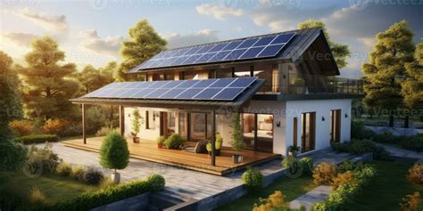 Realistic design of a modern house with solar panels the roof. Green energy. Generative AI ...