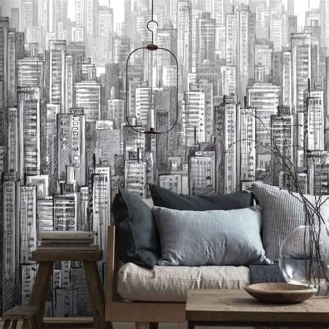 Black White City Buildings Wall Mural