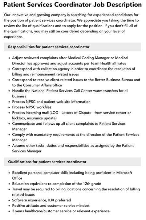 Patient Services Coordinator Job Description | Velvet Jobs