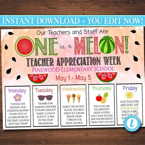 Teacher Appreciation Week Itinerary Poster, Summer One in a Melon Theme Schedule of Events ...