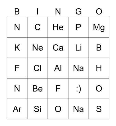 Periodic Table Bingo (1st 20 elements) Bingo Card