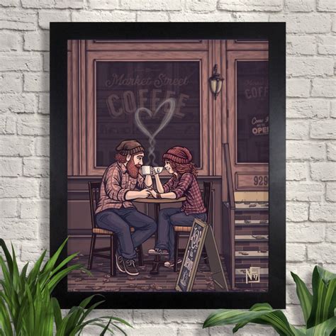 Coffee Love Illustration Giclee Art Print, Couple, Hipster, Coffee Shop ...