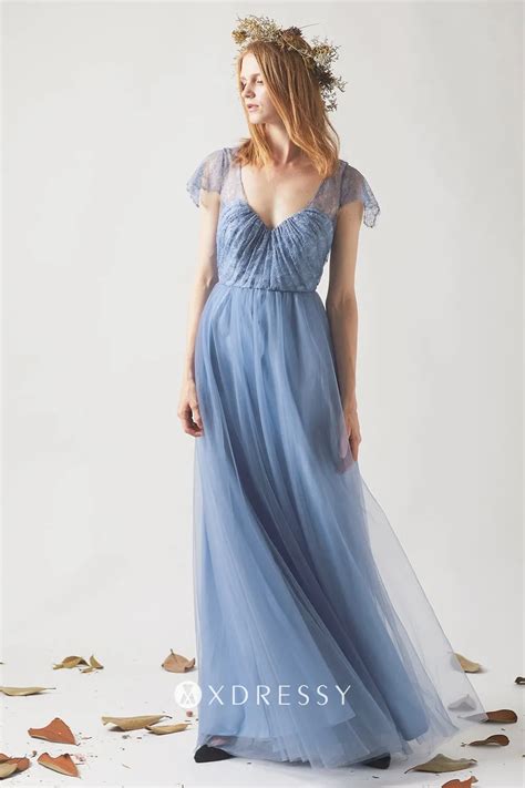 Carolina Blue Lace and Tulle Cap Sleeve Bridesmaid Gown - Xdressy