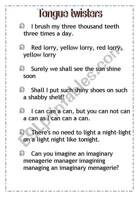 English worksheets: Tongue twisters