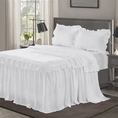 HIG 3 Piece Ruffle Skirt Bedspread Set Queen-White Color 30 inches Drop Ruffled Style Bed Skirt ...