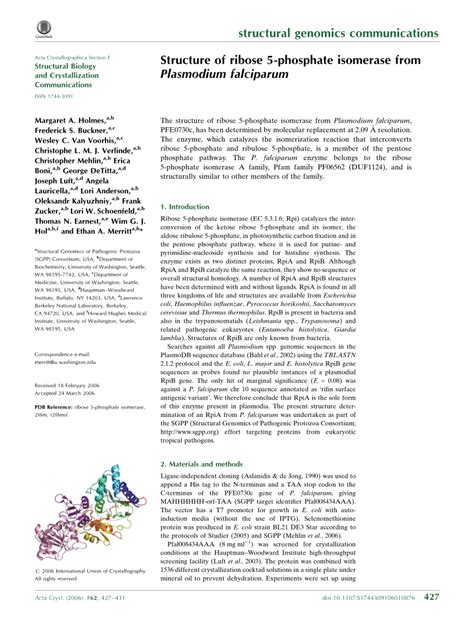 (PDF) Structure of ribose 5-phosphate isomerase from Plasmodium falciparum