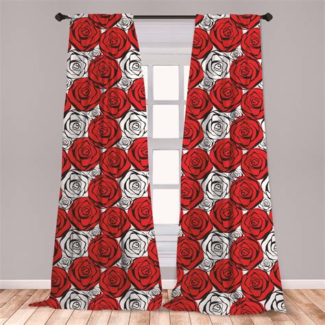 Red and Black Curtains 2 Panels Set, Roses with Black Contours in Retro Style Feminine Nature ...