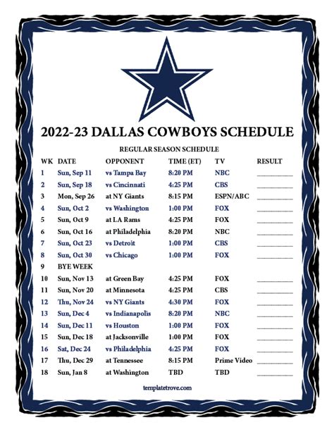 Printable 2022-2023 Dallas Cowboys Schedule