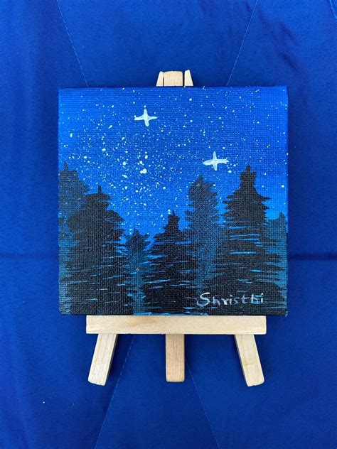 Starry Night in Pine Forest Original Handmade Mini Acrylic Painting ...