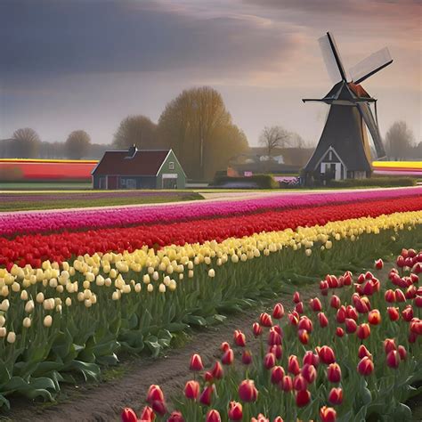 Premium PSD | Dutch rural tulip fields countryside landscape
