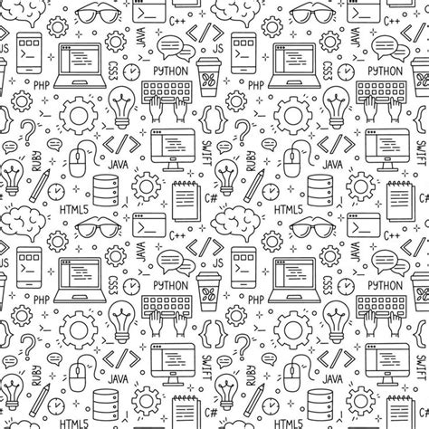 Programming and developers vector seamless pattern. Internet and coding black linear print with ...