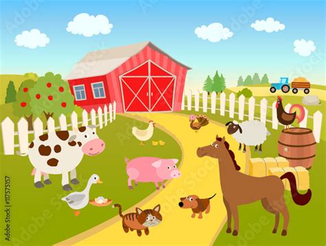 cartoon farm scene illustration with domestic birds, animals, farmhouse, tractor Stock Vector ...