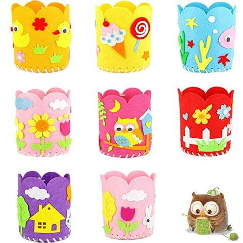 Sewing Kits for Kids, 8 Pieces Children Cartoon Craft Kit Pen Holder ...