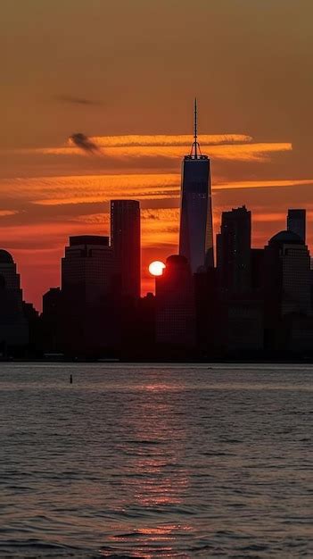 Premium AI Image | A sunset view of the manhattan skyline with the sun ...