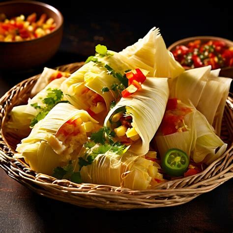 Premium Photo | Tamales Steamed corn dough filled with meats cheese vegetables or chilies ...