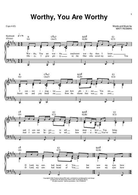 Worthy, You Are Worthy" Sheet Music by Matt Redman for Piano/Vocal ...