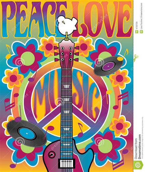 An illustration of a guitar, peace symbol and dove dedicated to the Woodstock Music and Art Fair ...