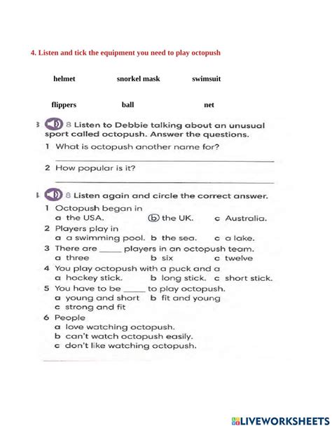 Octopush. Sports equipment worksheet