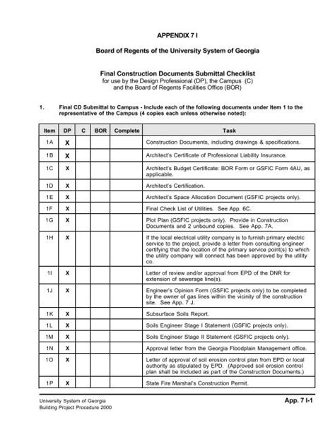 Construction Documents, Final, Checklist, App. 7 I - University ...