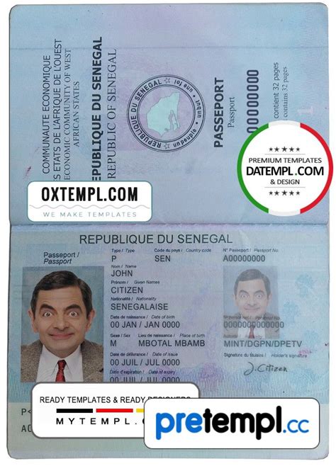 Senegalese passport example in PSD format, fully editable - Pretempl