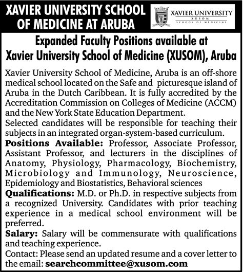 Professor job vacancy at Xavier University School of Medicine at Aruba