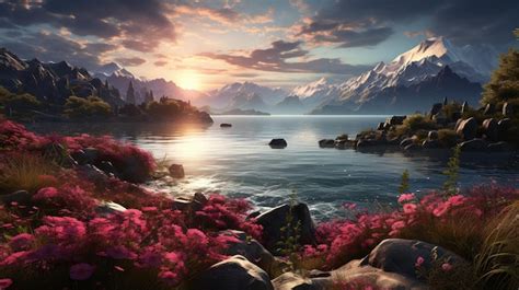 Premium AI Image | lake scenery with mountain and sunset