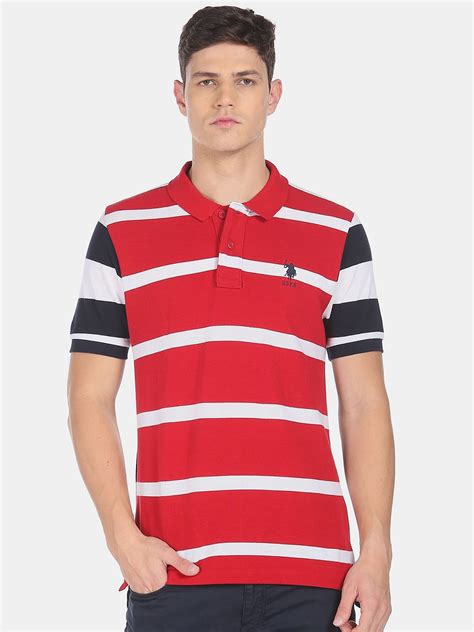 Buy U.S. Polo Assn. Men Red & White Striped Polo Collar Pure Cotton T Shirt - Tshirts for Men ...