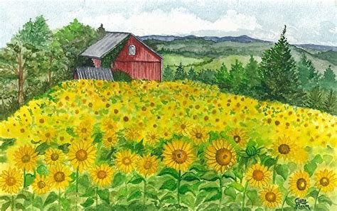 sunflowers field by Clare Klaum Watercolor ~ 8 1/2" x 13 3/4" | Sunflower fields, Sunflower, Art ...