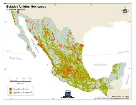 Mapa para imprimir de México Mapa de superficie agrícola de México. INEGI de México - Mapas ...