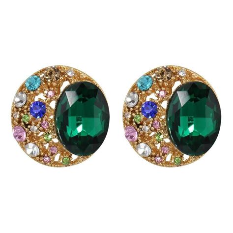 Clip On Green & Gold Jeweled Stud Earrings – Clip On Earrings