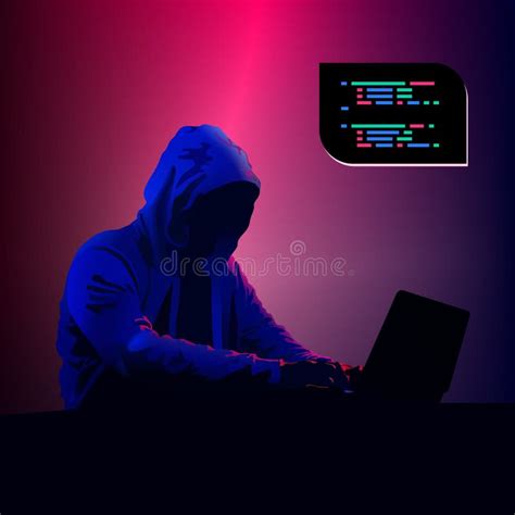 Hacker in Hoodie. Black Hat Dark. Programmer Coding Software. Developer Using Laptop. Neon ...