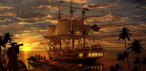 Pirate Ship Sunset Fantasy HD Wallpaper