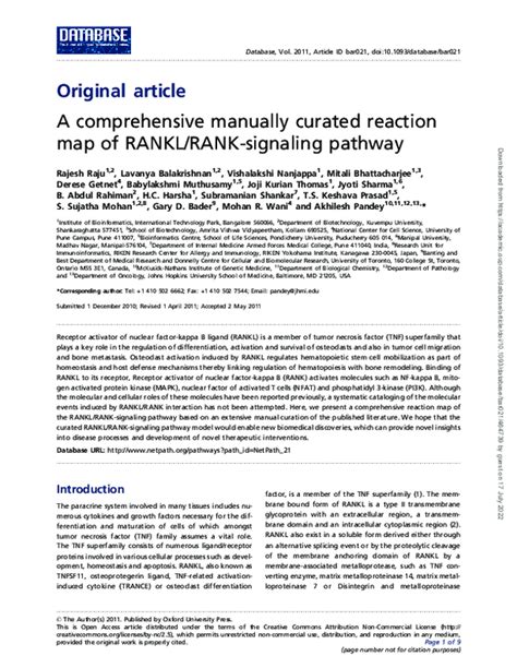 (PDF) A comprehensive manually curated reaction map of RANKL/RANK-signaling pathway | Rajesh ...