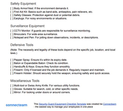 Security Guard Equipment Checklist Template - Free PDF Download