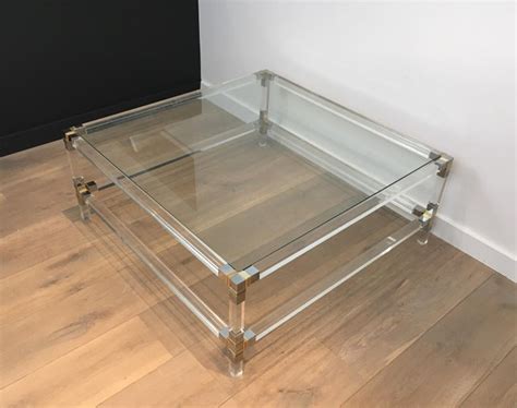 Square Lucite Coffee Table with Chrome Corners and Glass Tops at 1stDibs
