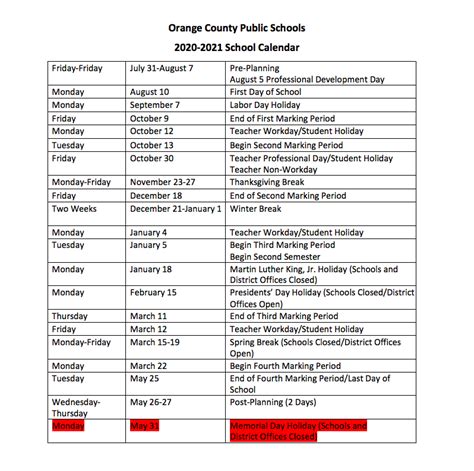 Orange County Public Schools Calendar 2020-2021