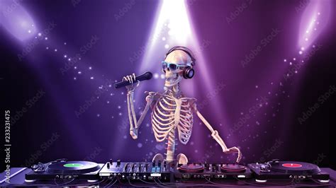 DJ Bones, human skeleton with microphone playing music on turntables ...