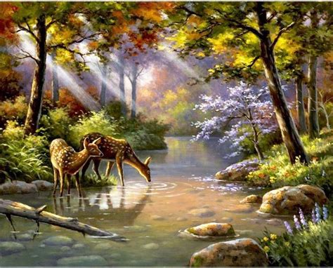 Beautiful Painting - Deer Drinking Water From Stream in the Forest ...