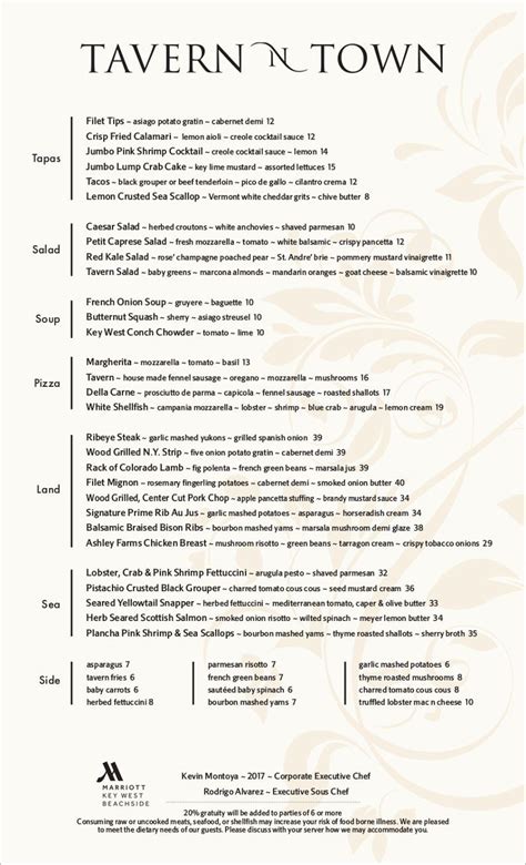 Tavern N Town Menu | Hotel menu, Key west restaurants, Key west