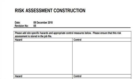 Risk Assessment Template For Building Site