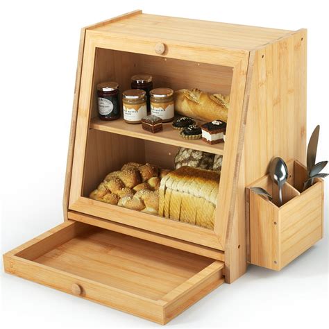 Ollieroo Bamboo Bread Box for Kitchen Counter 2 Layer Adjustable Bread ...