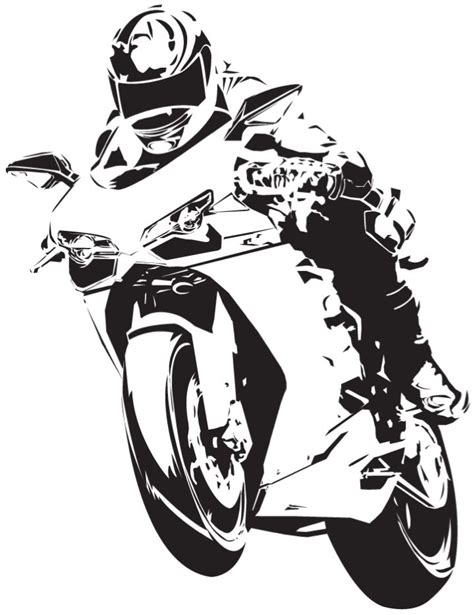 a black and white drawing of a motorcyclist on a motorcycle with helmet