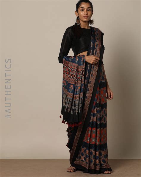 Buy Indie Picks Women Blue & Red Handblock Print Ajrak Modal Saree | AJIO | Stylish sarees ...