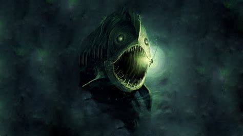 1920x1080 digital art underwater fish fangs anglerfish lights divers harpoons open mouth sea ...