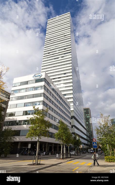 Basel, Switzerland - October 20, 2016: The Roche Tower at the headquarters of the pharmaceutical ...